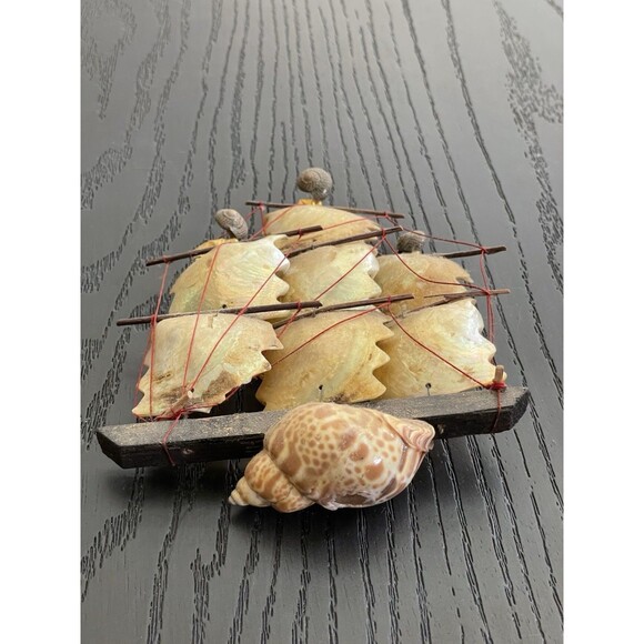 Handmade Mini Decoraive FolkArt Nautical Scallop & Sea Shell Sailing Ship Statue - Picture 2 of 4